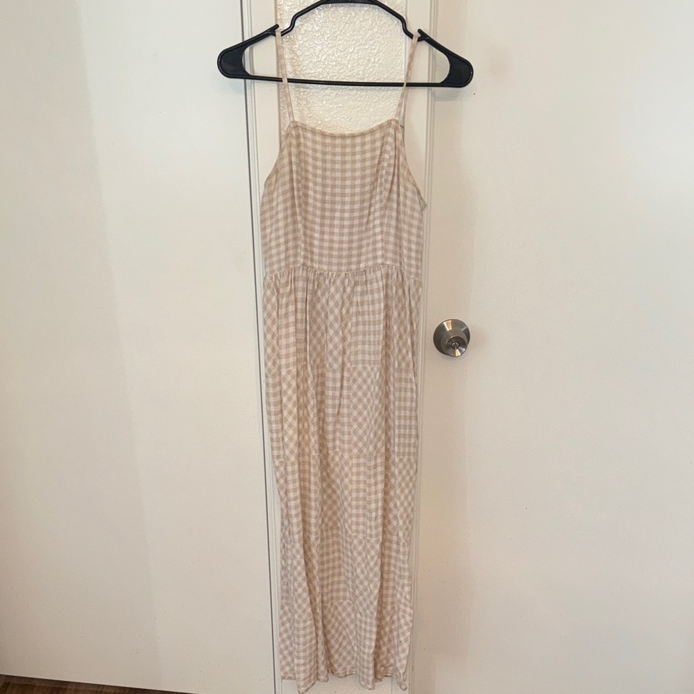 Japna Beige Gingham Maxi Dress with Spaghetti Straps